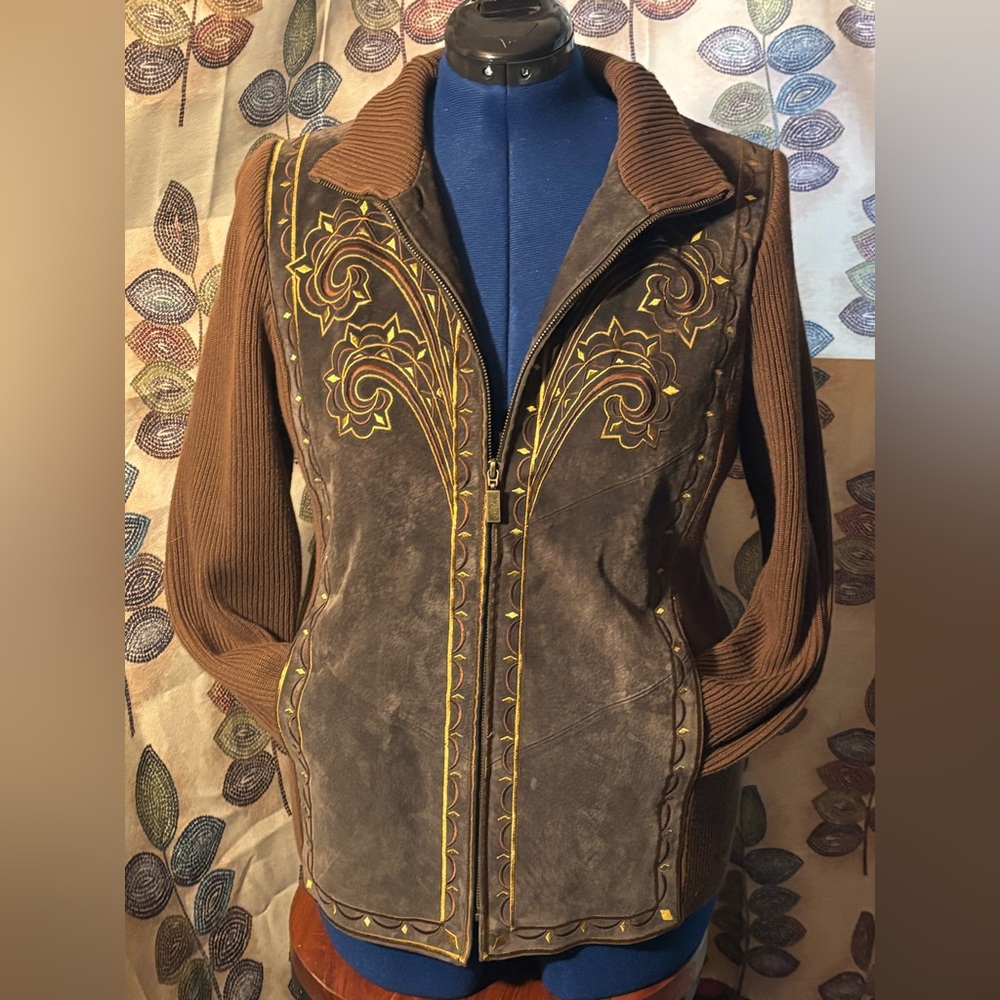 Bob Mackie Vintage Brown Leather Jacket with Gold Embroidery Size Small - Picture 9 of 12